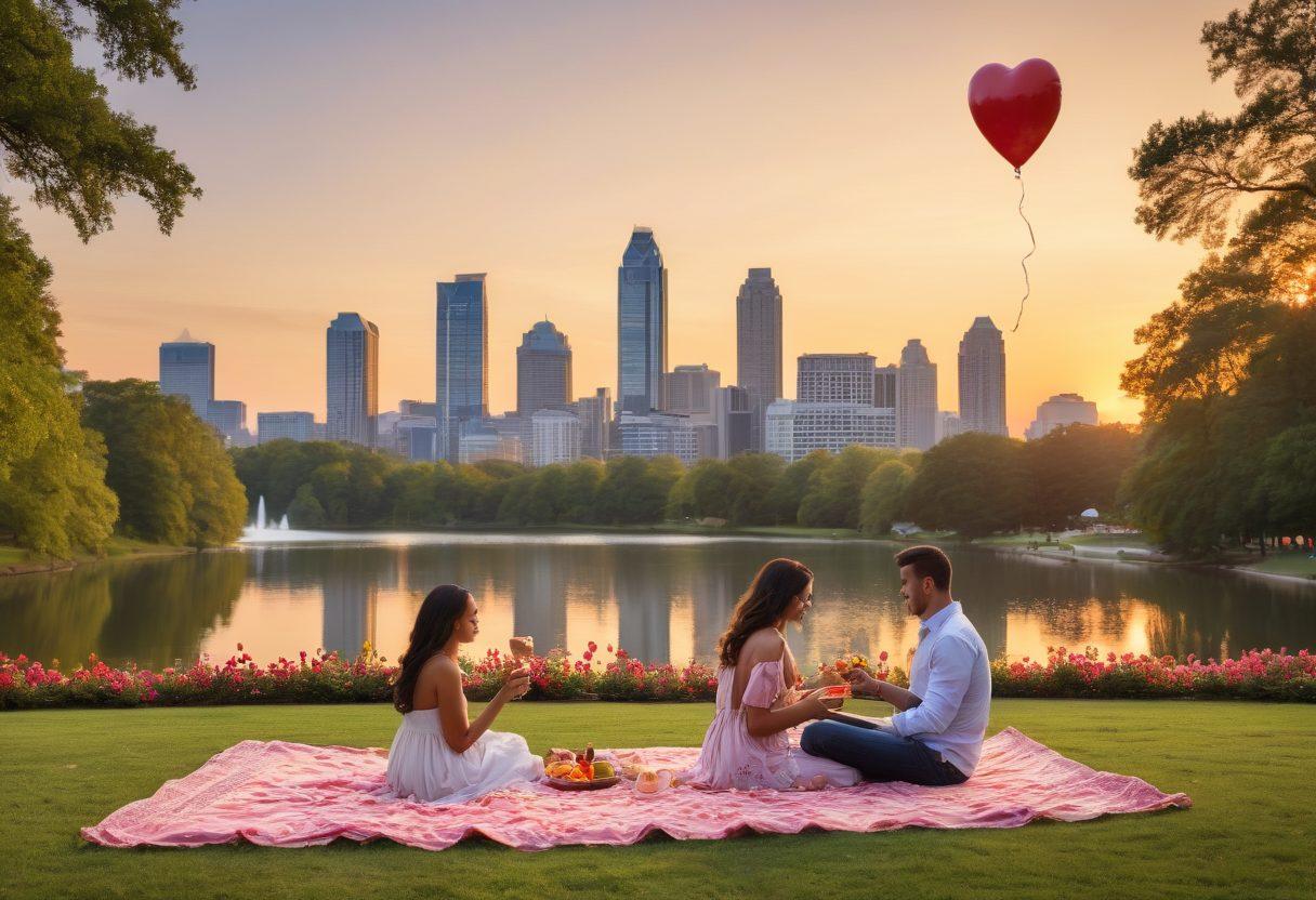 A romantic scene in Atlanta featuring a couple enjoying a sunset picnic at an iconic landmark like Piedmont Park, surrounded by colorful flowers and soft blankets. Include elements like a heart-shaped balloon and a small, elegant table set with sweet treats. The background shows the city skyline, radiating golden hues reflecting the warmth of affection. super-realistic. vibrant colors. evening glow.