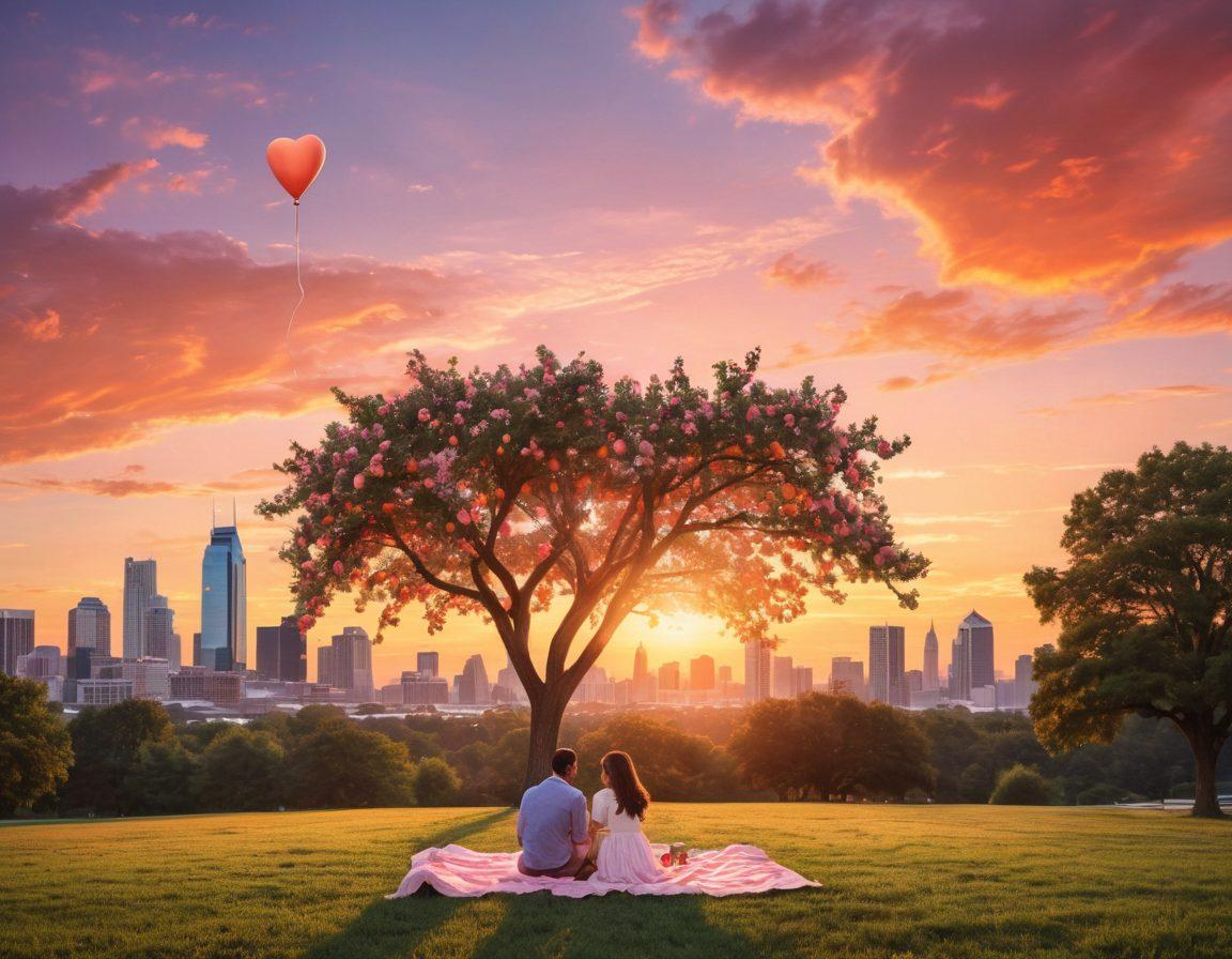 A romantic sunset scene in Atlanta featuring the iconic skyline with the Peach Tree in the foreground, couples enjoying a cozy picnic, heart-shaped balloon in the sky, and soft pastel colors painting the sky. Include details like a warm glow and blooming flowers around the picnic area. super-realistic. vibrant colors. romantic atmosphere.
