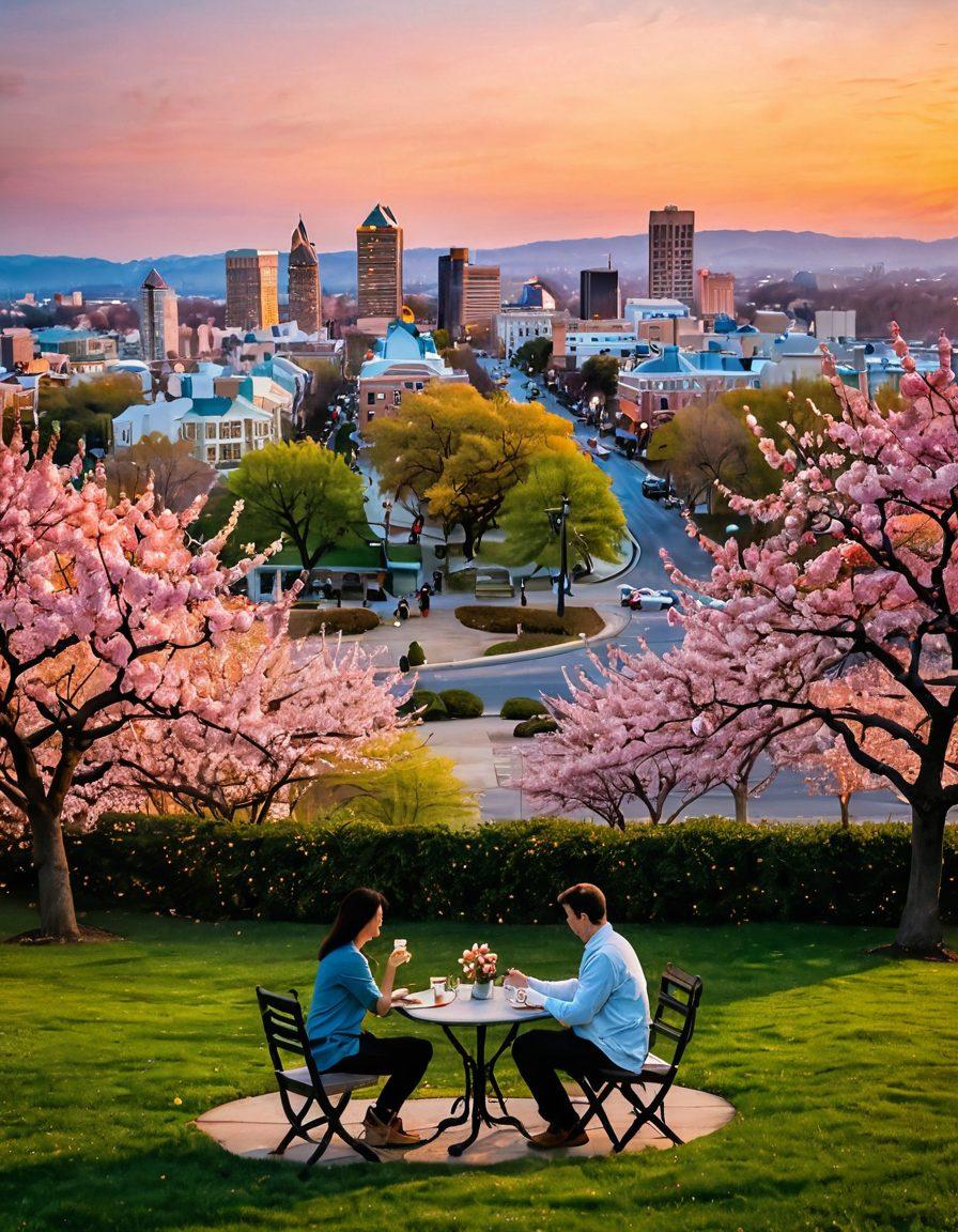 A romantic sunset view over the skyline of Peach City, showcasing iconic landmarks like a heart-shaped park and a quaint café with lovers seated outside. Lush peach blossoms surround the scene, hinting at springtime romance, with soft golden hues illuminating the setting. The atmosphere is cozy and inviting, perfect for lovebirds. surrealism. vibrant colors. soft focus.